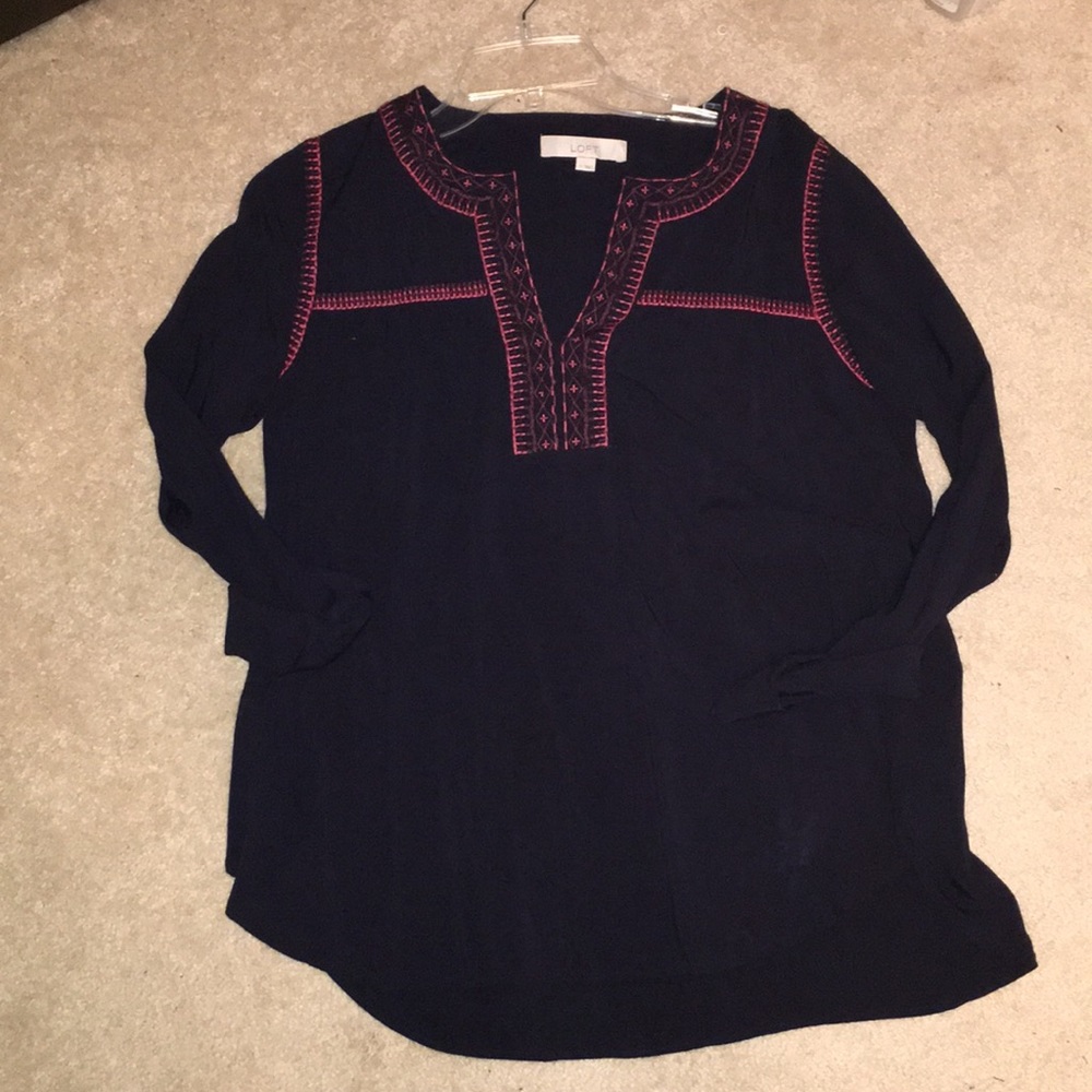 Loft blouse. Navy with pink detailing.